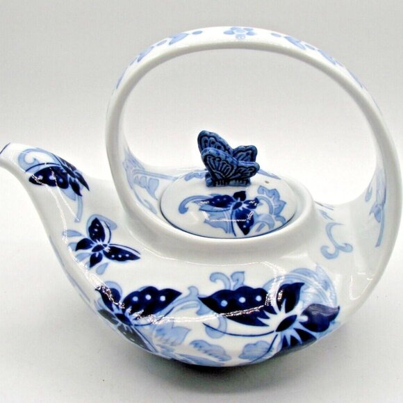 Pier 1 Imports Blue White Butterfly Floral Tea Pot Porcelain Hand Painted w/ Lid - Picture 1 of 12